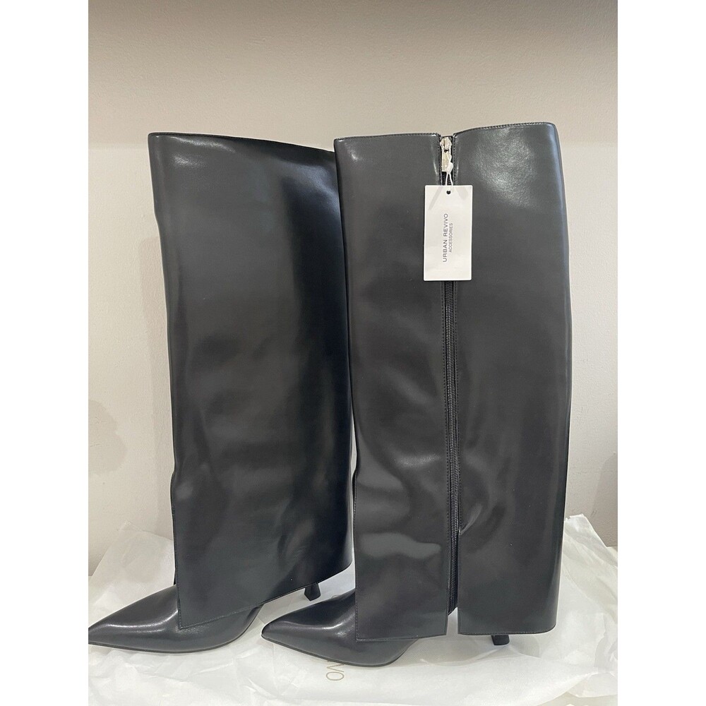 NWT Urban Revivo Tall Riding Boots Womens Black Heeled Fold Over - Picture 5 of 6